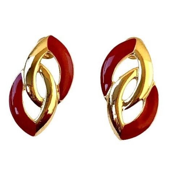 Trifari Vintage Earrings Red Enamel & Gold-tone Post - Picture 3 of 7